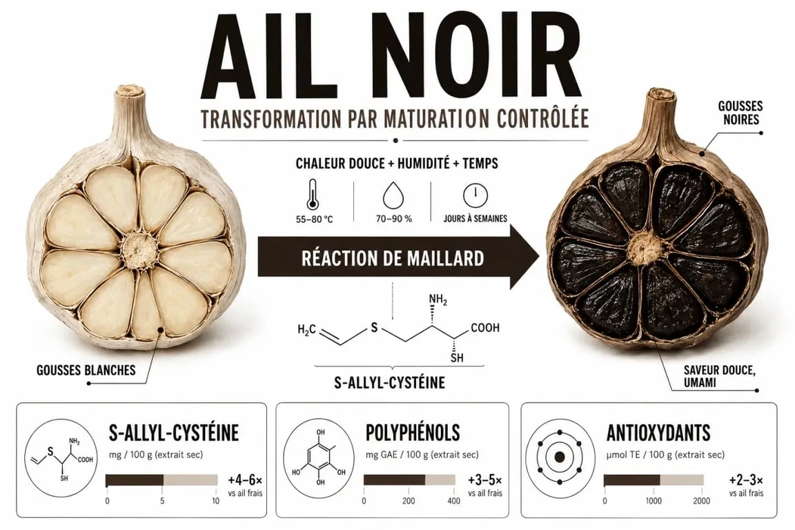 Bienfaits de l ail noir : schéma scientifique de la maturation et des composés actifs