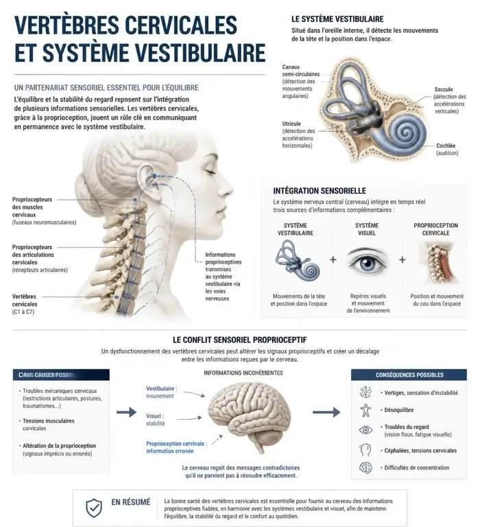 Schéma explicatif des vertiges cervicaux symptômes et mécanisme proprioceptif