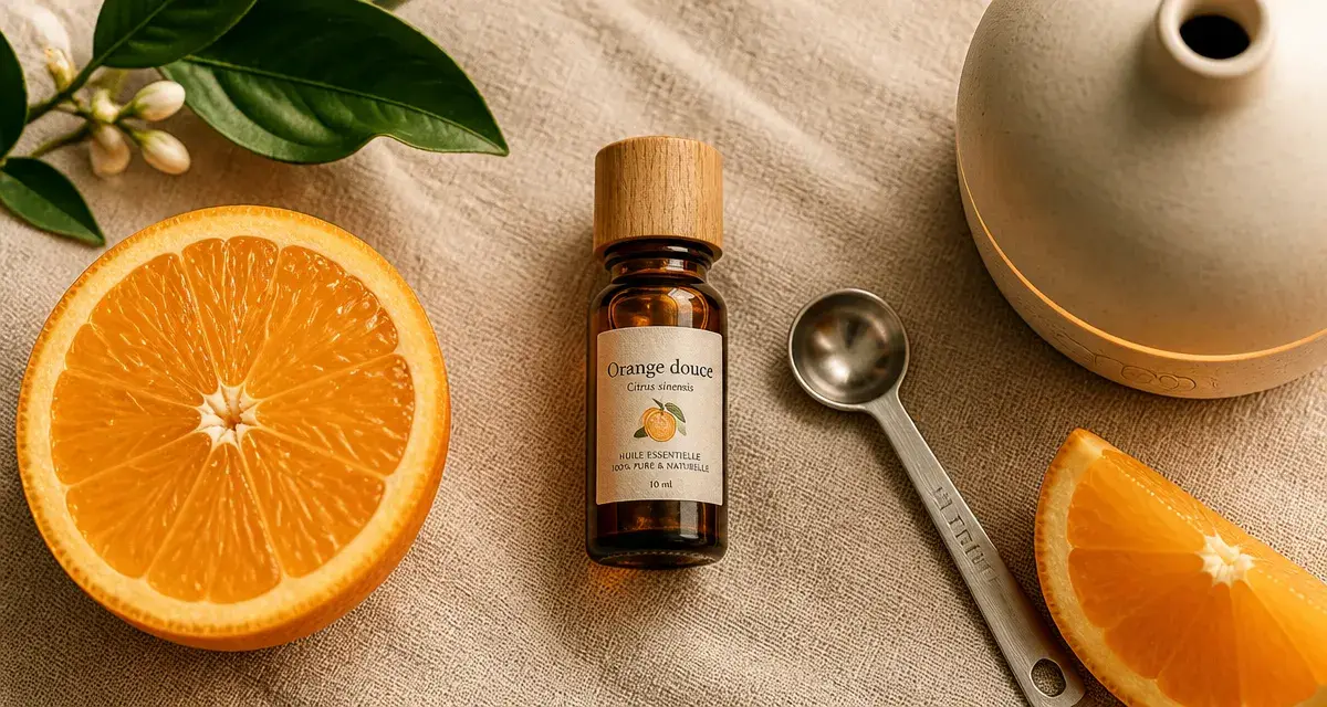 Huile essentielle orange douce sur lin beige, orange fraîche, bouchon bois, cuillère doseuse