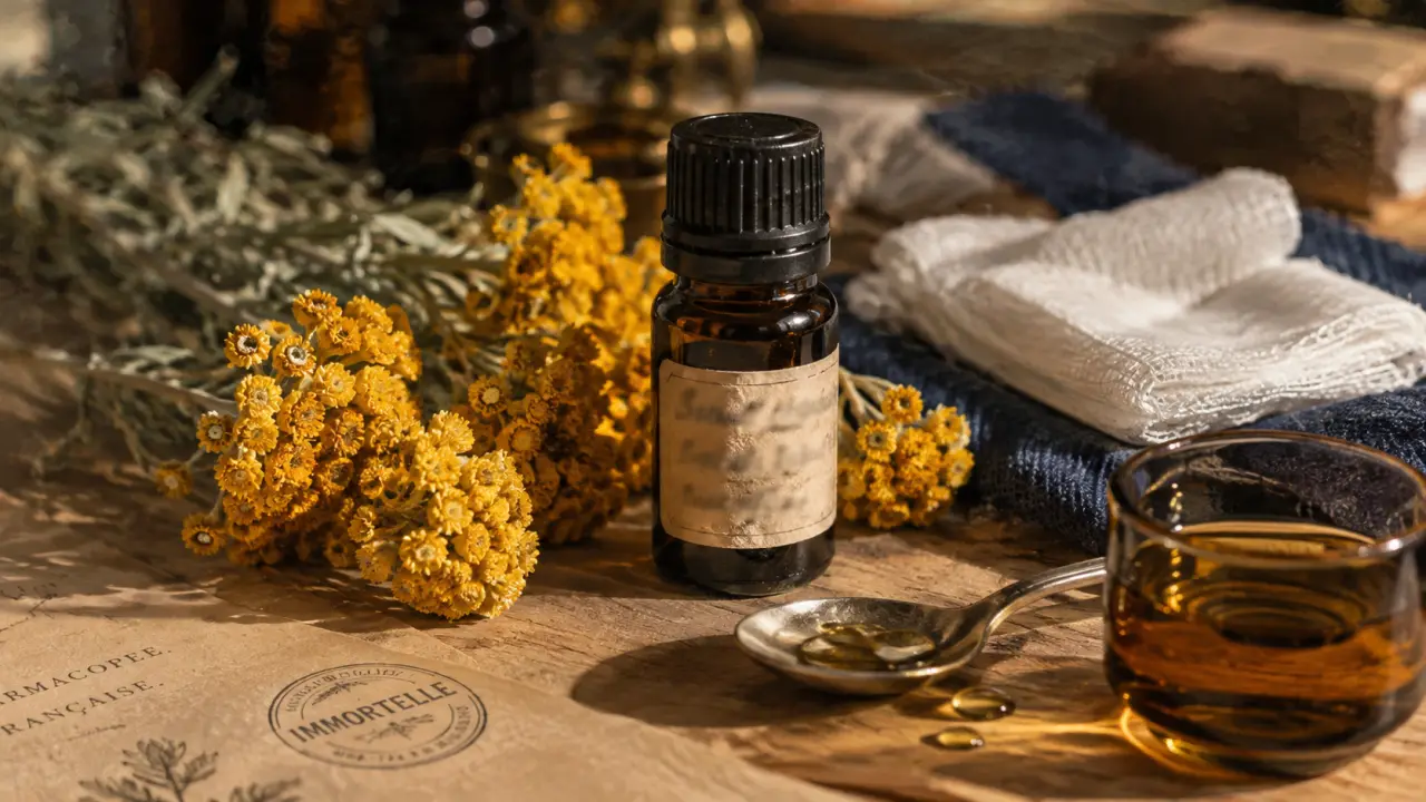 Huile immortelle pour bleus et cicatrices, compresse et fleurs d’immortelle