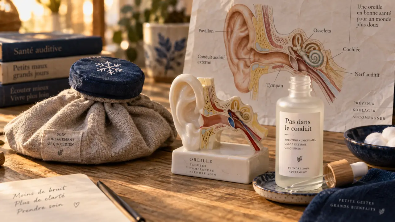 Otite huile essentielle : compresse froide et flacon « pas dans le conduit »