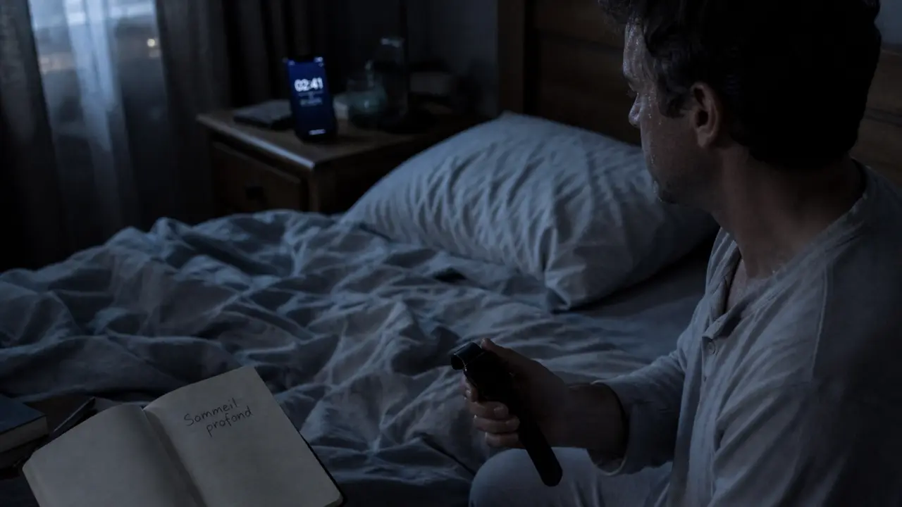 Pas de sommeil profond causes : personne au lit, nuits fragmentées, draps froissés et traces de sueur