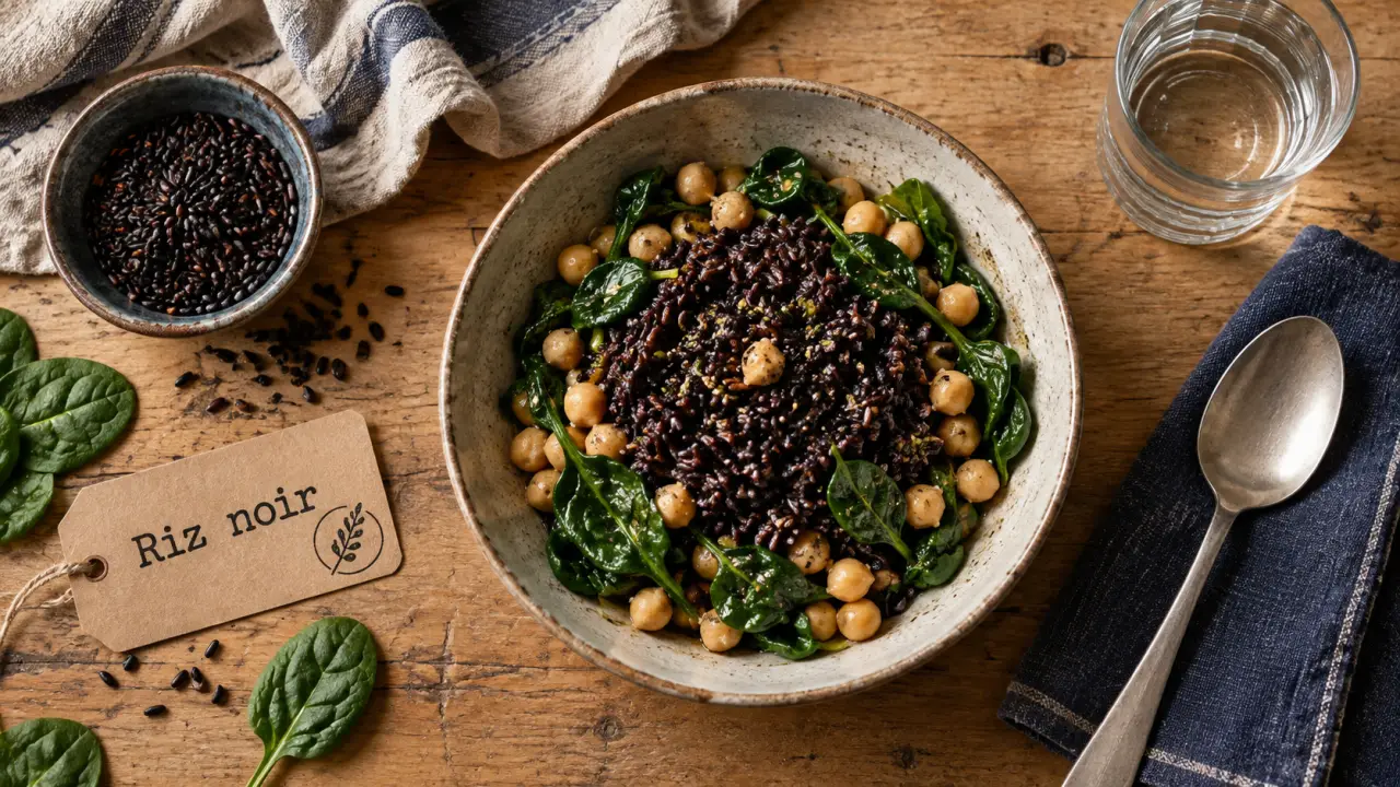 Riz noir bienfait : grains cuits, fibres et anthocyanes (index glycémique ~50)