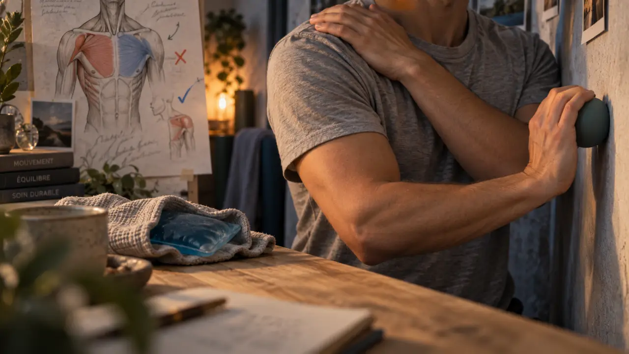 tendinite épaule massage : main en auto-massage sur l’épaule et zones à éviter