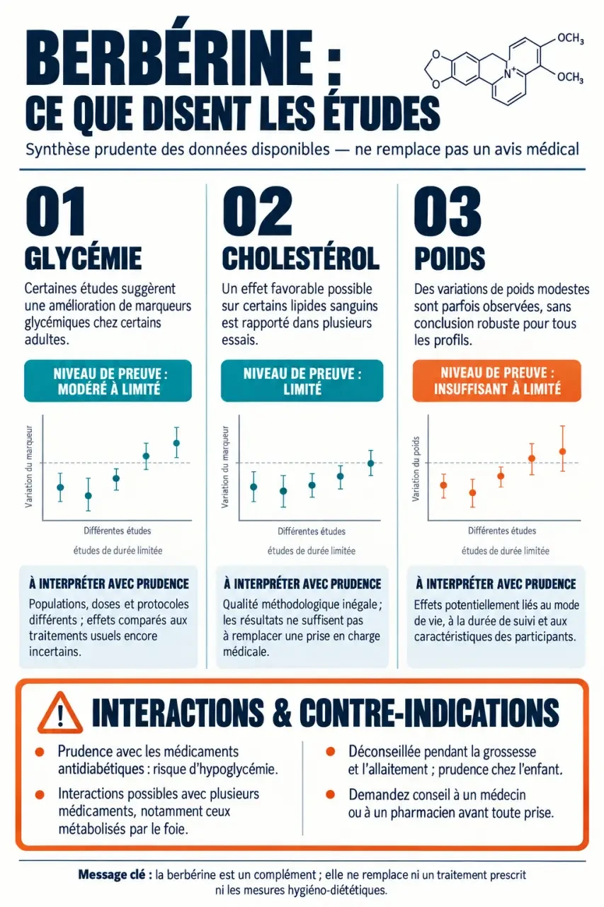 Infographie berbérine bienfaits, niveaux de preuve, limites et précautions pour la glycémie, le cholestérol et le poids