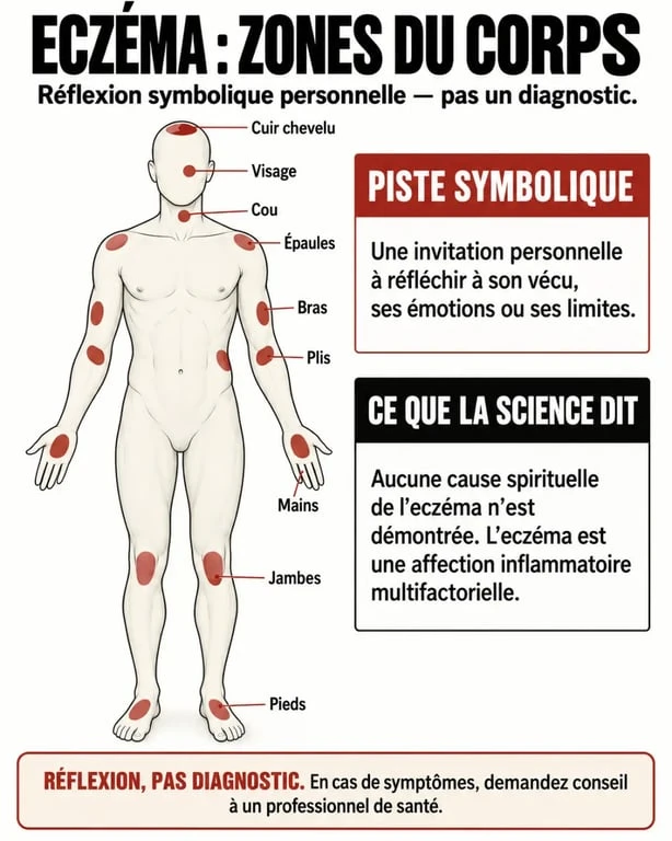 Infographie sur la zone d’eczéma et sa signification spirituelle selon les localisations du corps