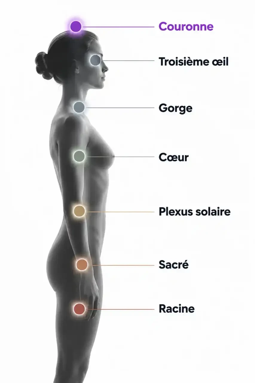 Schéma du chakra couronne en violet au sommet des sept chakras, illustrant la signification spirituelle du violet