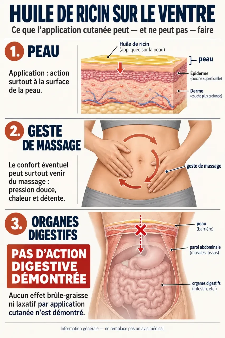 Infographie sur l’huile de ricin sur le ventre et la différence entre effet cutané, massage et action digestive