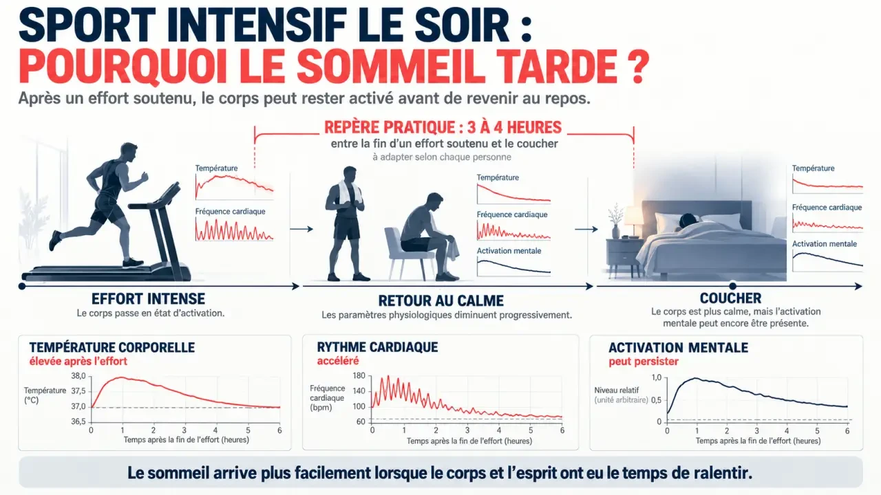 Infographie sur l’insomnie après sport intensif, la température corporelle et le délai entre l’entraînement et le coucher