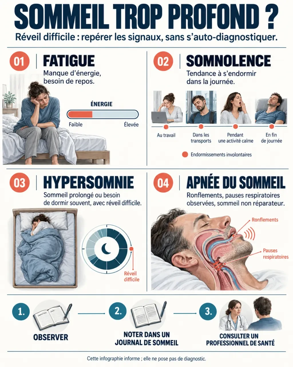 Infographie sur le sommeil trop profond, le réveil difficile, la somnolence et l’hypersomnie