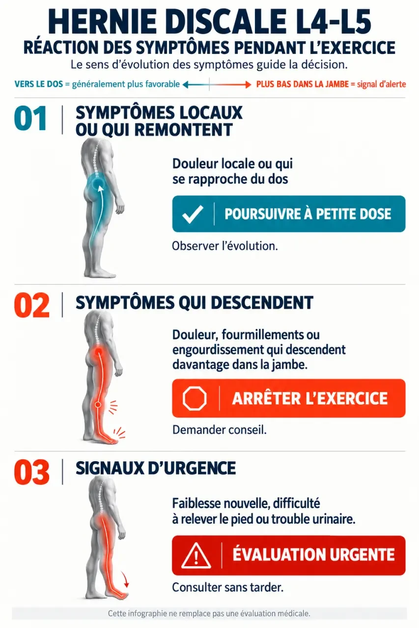 Infographie sur la réaction des symptômes pendant un exercice pour hernie discale L4-L5