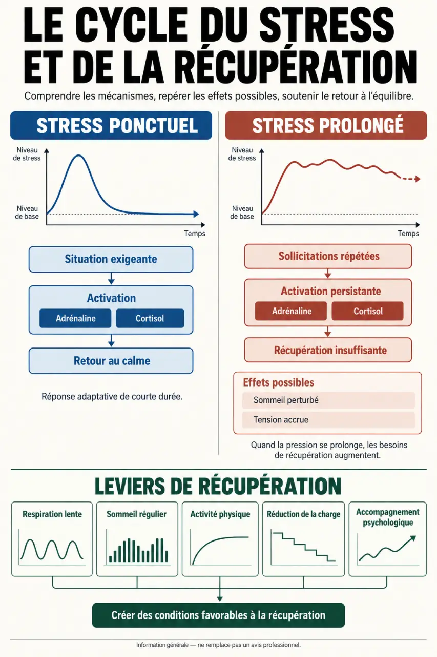 Gérer le stress naturellement : schéma du cycle stress-cortisol-sommeil et des leviers de récupération