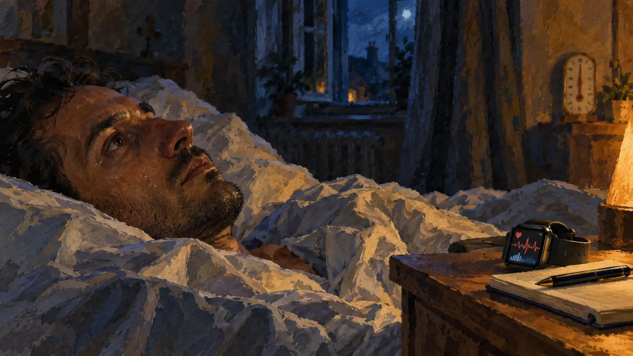 Insomnie après sport intensif : sueur et réveil, écran fréquence cardiaque, lit et montre connectée