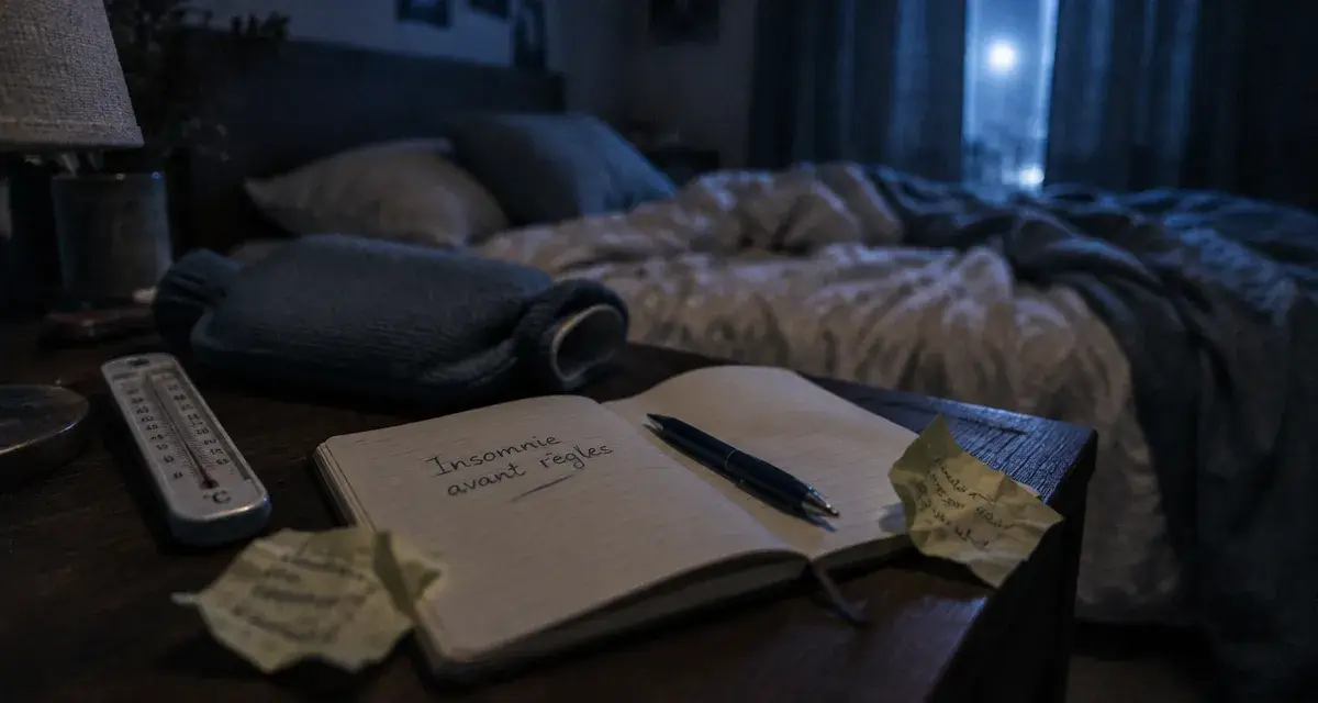 Insomnie avant regles : thermomètre chambre et carnet, nuit agitée