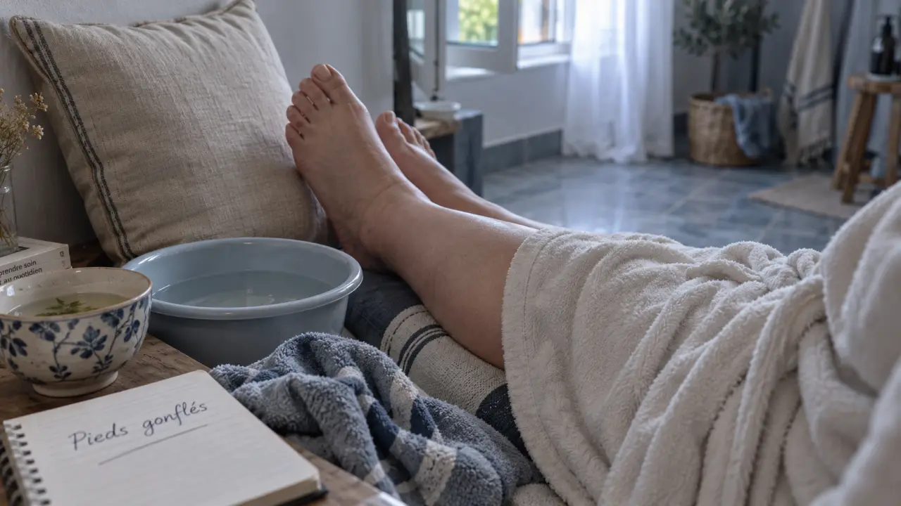 Remède de grand mère pour les pieds gonflés : pieds surélevés, bassine d’eau tiède