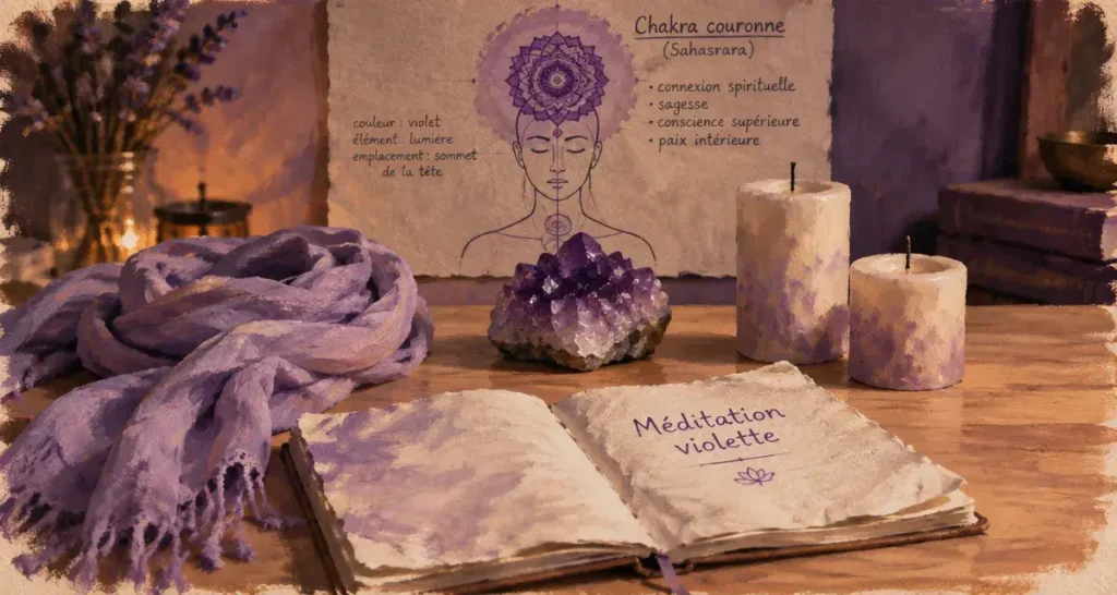Violet et signification spirituelle : intuition, chakra couronne et usages concrets au quotidien